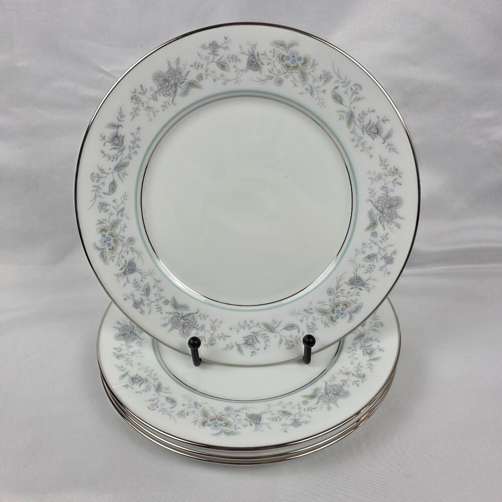 FOUR Oxford China Spring Salad Plate Multicolor Floral Rim Aqua Band